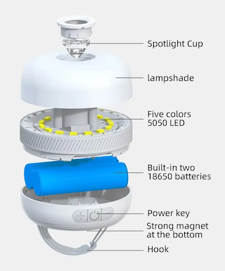 Camping Lampje, oplaadbaar, multi color, met magneetvoet en karabijnhaak