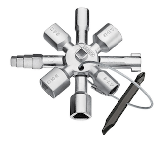 Multi Tool with different square keys, screwdriver and hex keys Top view